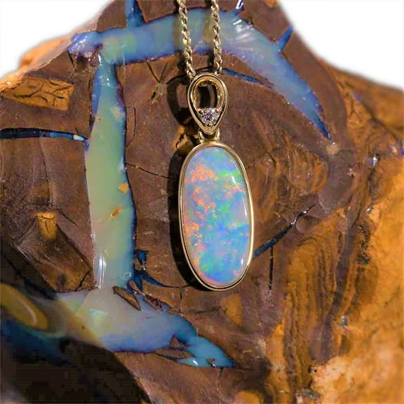 RAINBOW POWDER FLASH 14KT GOLD NATURAL SOLID AUSTRALIAN WHITE OPAL NECKLACE