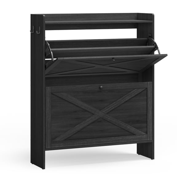 VASAGLE Shoe Storage Cabinet Organizer with 2 Flip Drawers, Freestanding Narrow Shoe Rack Cabinet for Entryway, Fits 14 to 16 Pairs, Smoky Black