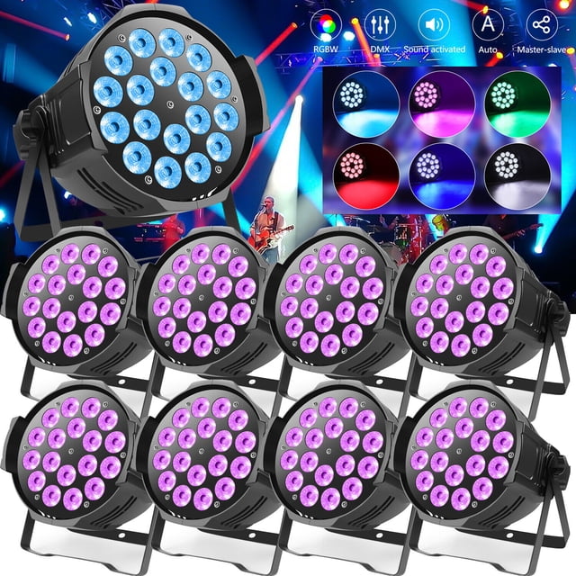 8pcs DJ Lights DMX Sound Activated, 18 x 15W LED Par Lights RGB Stage Lights for Church Concert Wedding Party Bar Stage Lighting