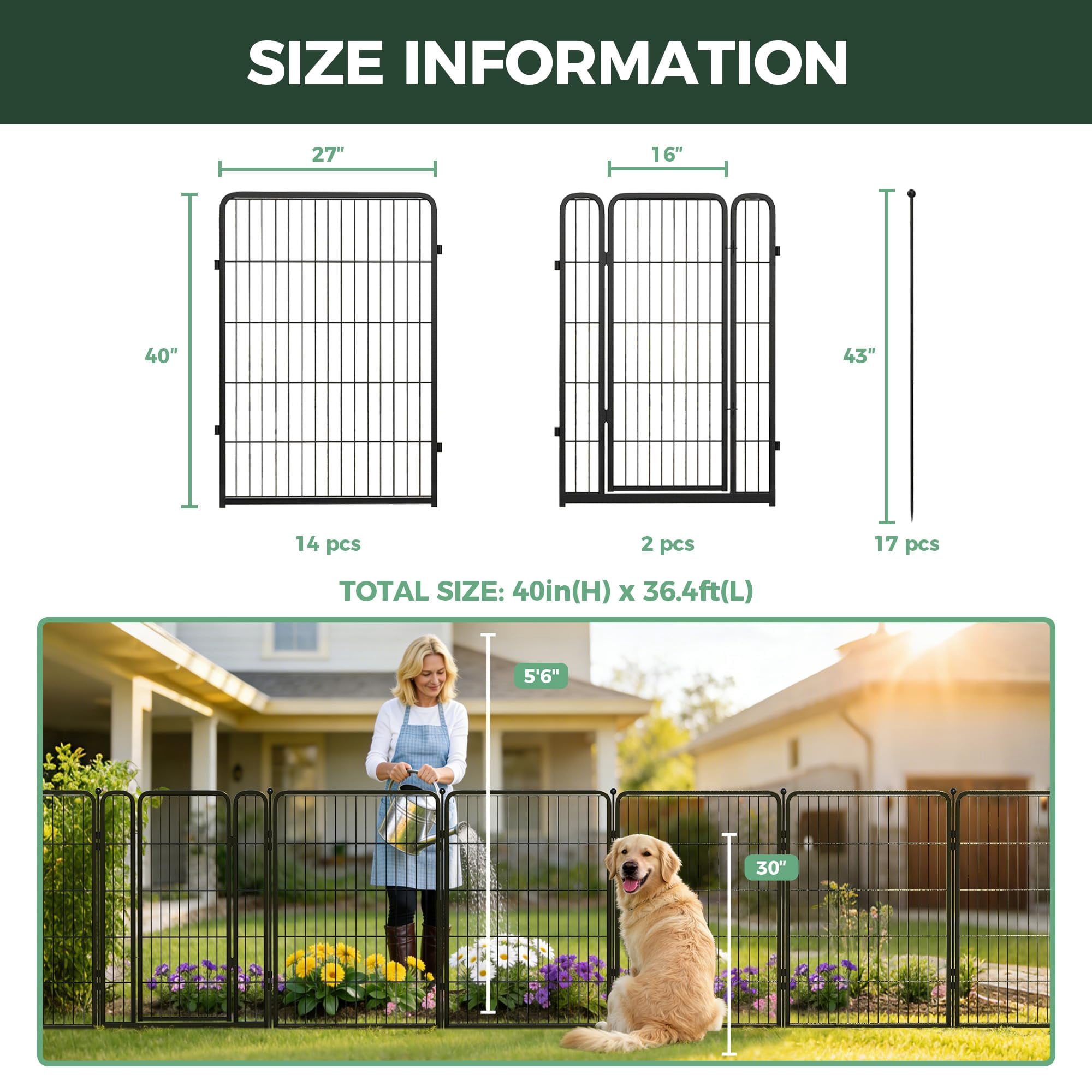 FXW Garden Fence Outdoor for the Yard – 40in(H) x 36.4ft(L) Heavy Duty Metal Animal Barrier for Dog, No Dig Decorative Dog Fence, 16 Panels, Black