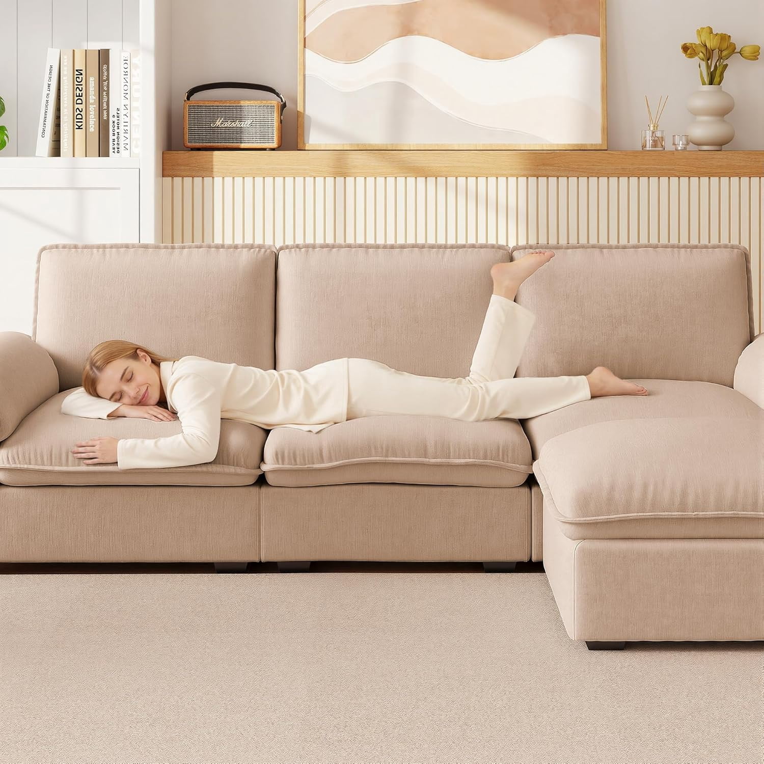 Carzzi-Life 102" Sofa Couch for Living Room, Modern Comfy Sofa with Extra Depth Seat and Ottoman, 3 Seater Chenille Couches for Living Room Apartment, Coffee
