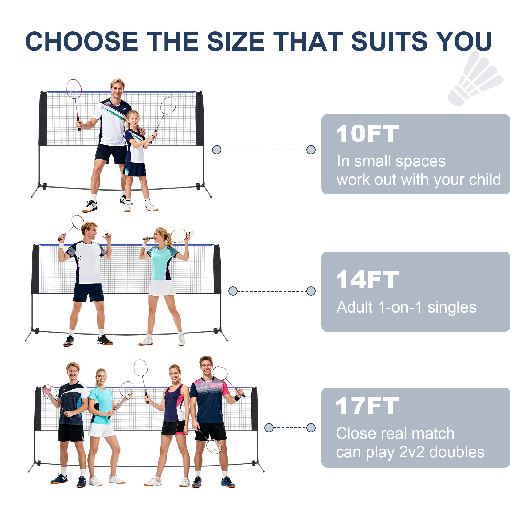 edx Portable Badminton Net Set - 17FT Adjustable Height for Outdoor & Indoor Use, Includes Carry Bag, Easy Setup No Tools Needed, Blue-Black