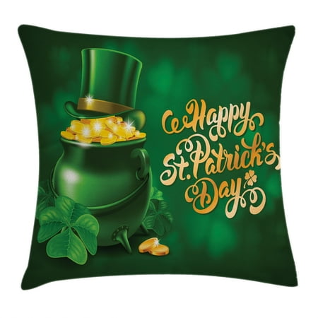 Large Throw Pillow Covers St. Patrick's Day Throw Pillow Cushion Cover, Large Pot of Gold Leprechaun Hat and Shamrocks Greetings 17th March, Decorative Square Accent Pillow Case, 16 X 16 Inches, Gold and Emerald, by Ambesonne ()