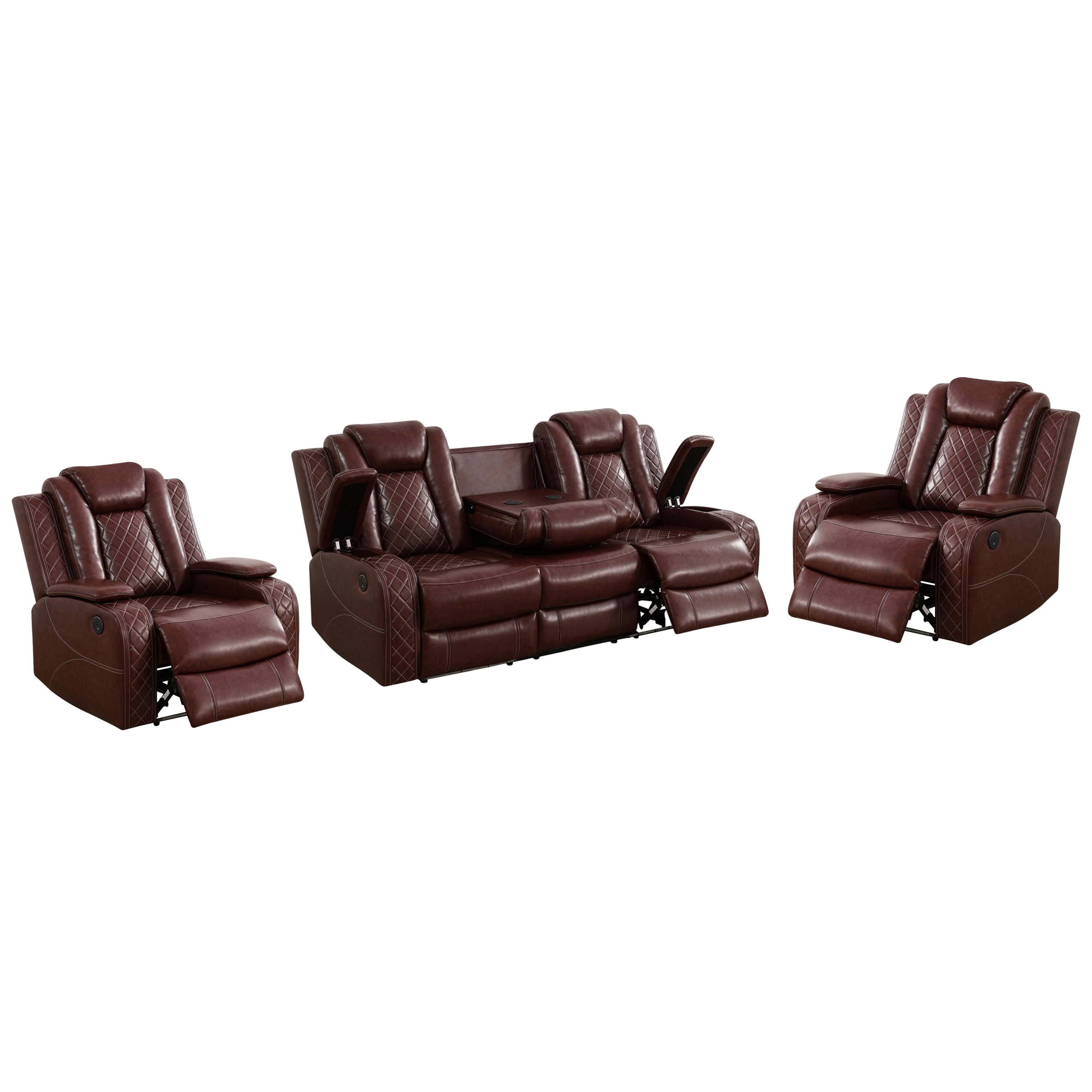 Gewnee 3-Seat Power Adjustable Sofa with 2 Recliners, Console & Cup Holders, Air Leather, Adjustable Recline, Ideal for Living Room,Brown