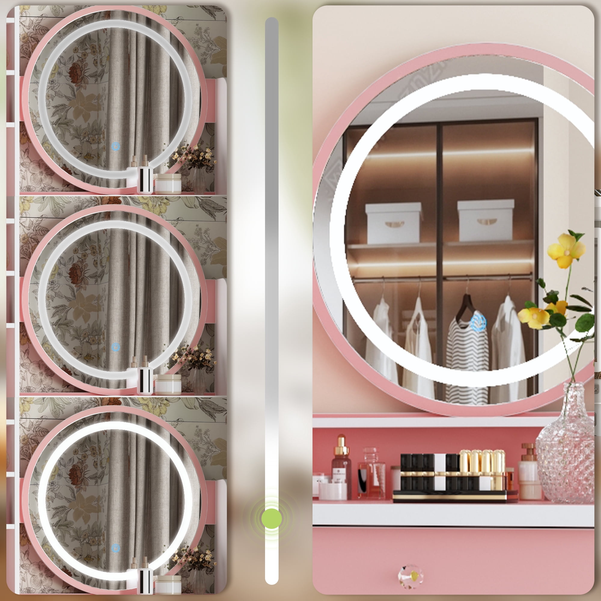 KULAGAGA Vanity Set with 3 Colors Touch Screen Dimming Mirror, Cushioned Stool, Storage Shelves, Makeup Organizer, 5 Drawers Makeup Vanity Desk , Dressing Table , Pink