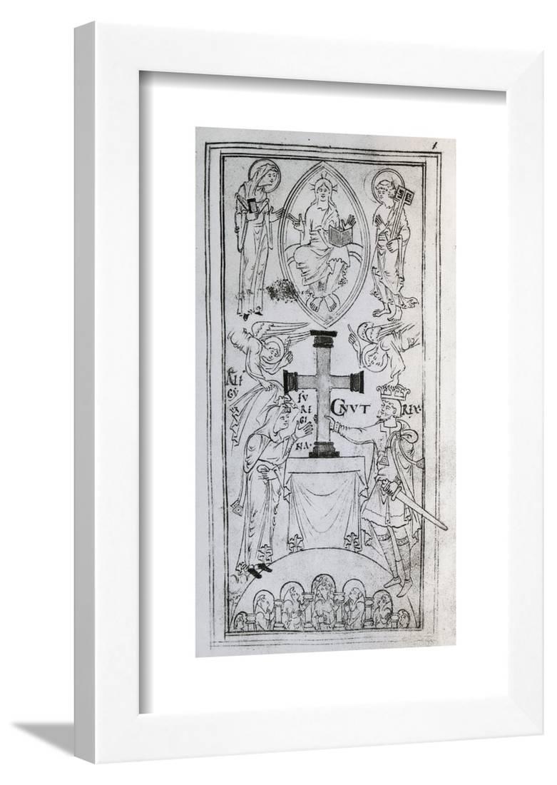 King Canute and His Wife Emma Putting Cross on Altar, Engraving from