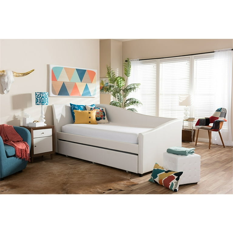 Baxton Studio Vera Modern and Contemporary White Faux Leather Upholstered Curved Sofa Twin Daybed with Roll-Out Trundle Guest Bed Baxton Studio Vera Modern and Contemporary White Faux Leather Upholstered Curved Sofa Twin Daybed with Roll-Out Trundle Guest Bed