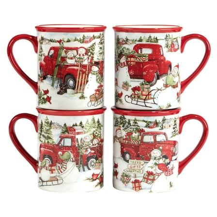 Certified International  Red Truck Snowman 16 oz. Mugs, Set of 4