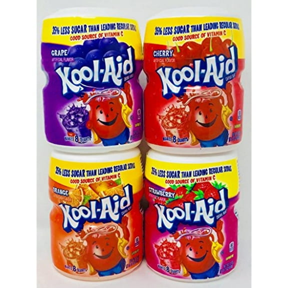 Kool-Aid Fun Flavor Variety Pack! 4 Pack Of 19Oz Canisters - 1 Canister Of Each Flavor - Grape - Cherry - Orange - Strawberry