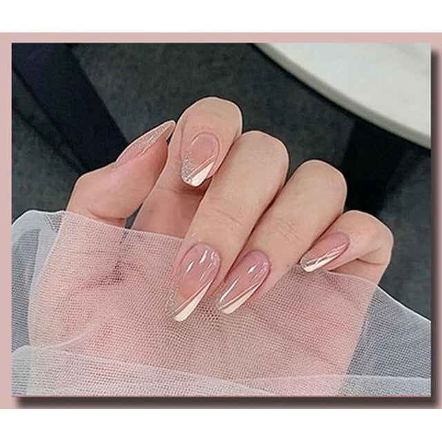 Uñas postizas con diseño de diamantes de imitación, manicura francesa brillante de Aurora, 24 piezas
