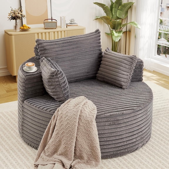 FFH 50" Oversized Round Chaise Lounge Chair, Boneless Cloud Sofa with Cylindrical Backrest Pillow, Plush Corduroy Gray