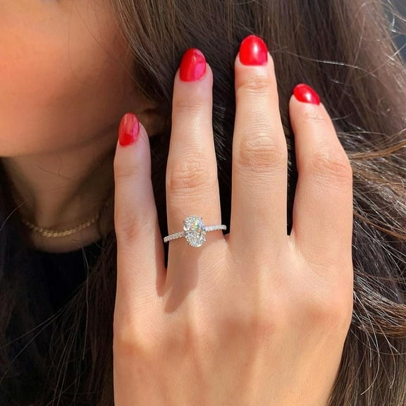 Solitaire Brilliance Oval Cut 2CT Moissanite Solitaire Hidden Halo Pave Setting Engagement Ring, Gift Ring for Women in 10K White Gold, Ring Size 4
