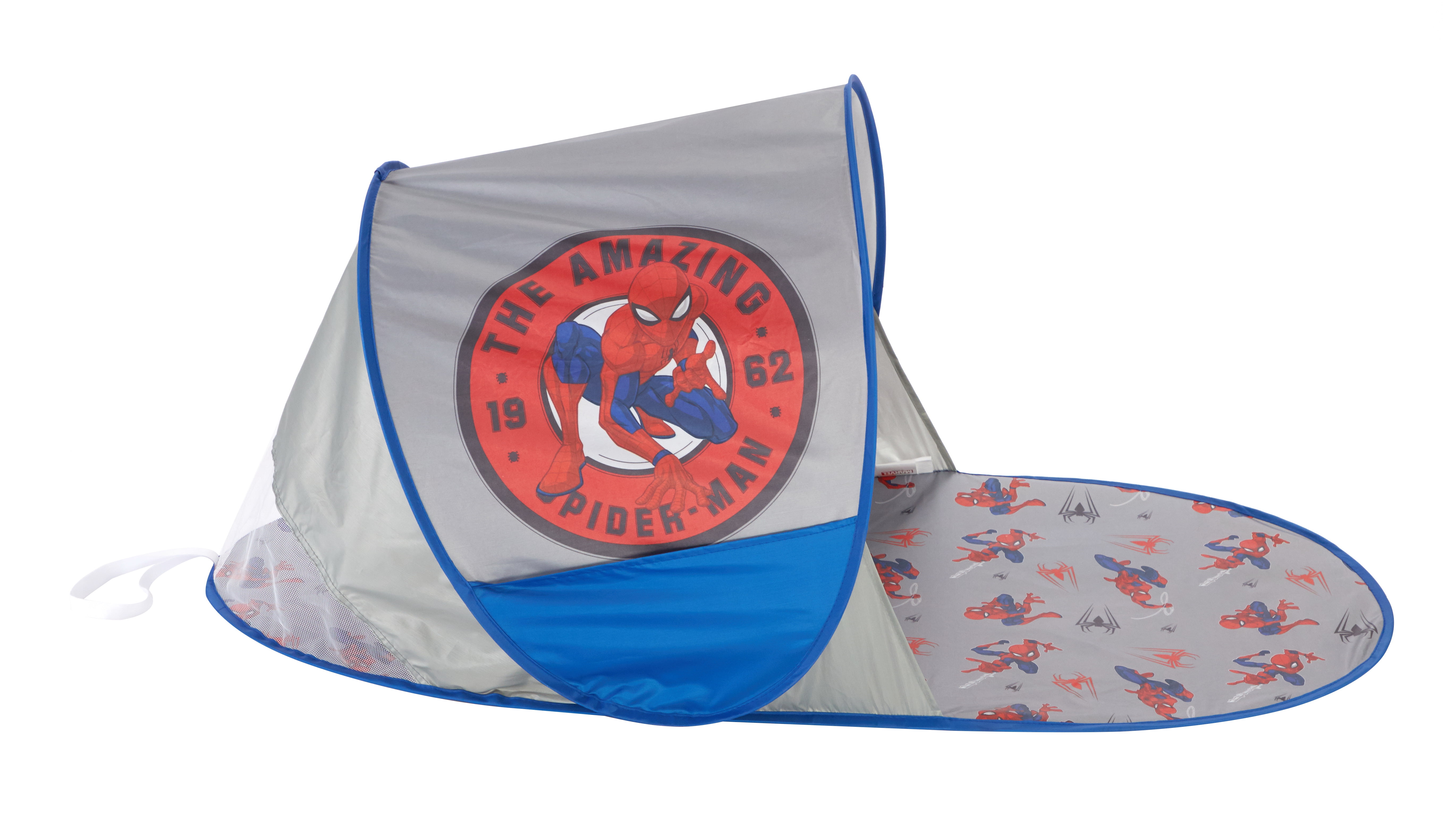 Spiderman 3 Piece Adventure in a Box Set includes Slumber Bag, Pop Up Tent and String Lights, 26" x 46" Red