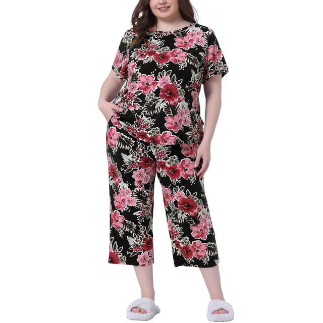 Conjunto de pijama de mujer plus size Agnes Orinda, de manga corta, ropa de dormir suave, conjunto de lounge 2X negro