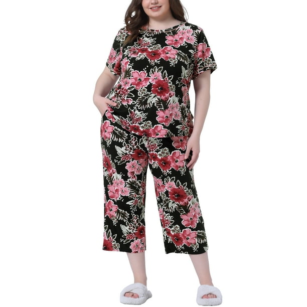Conjunto de pijama de mujer plus size Agnes Orinda para el Día de la Madre, pijama de manga corta, ropa de dormir suave, conjunto de lounge 3X negro