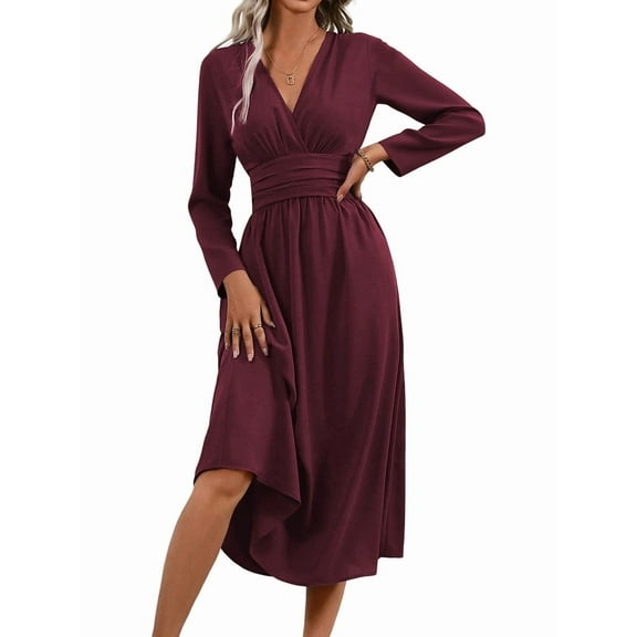 Women'S Long Sleeve Maxi Dress Fall Trendy Elegant V-Neck Flowy Wedding Guest Holiday Formal Long Dresses