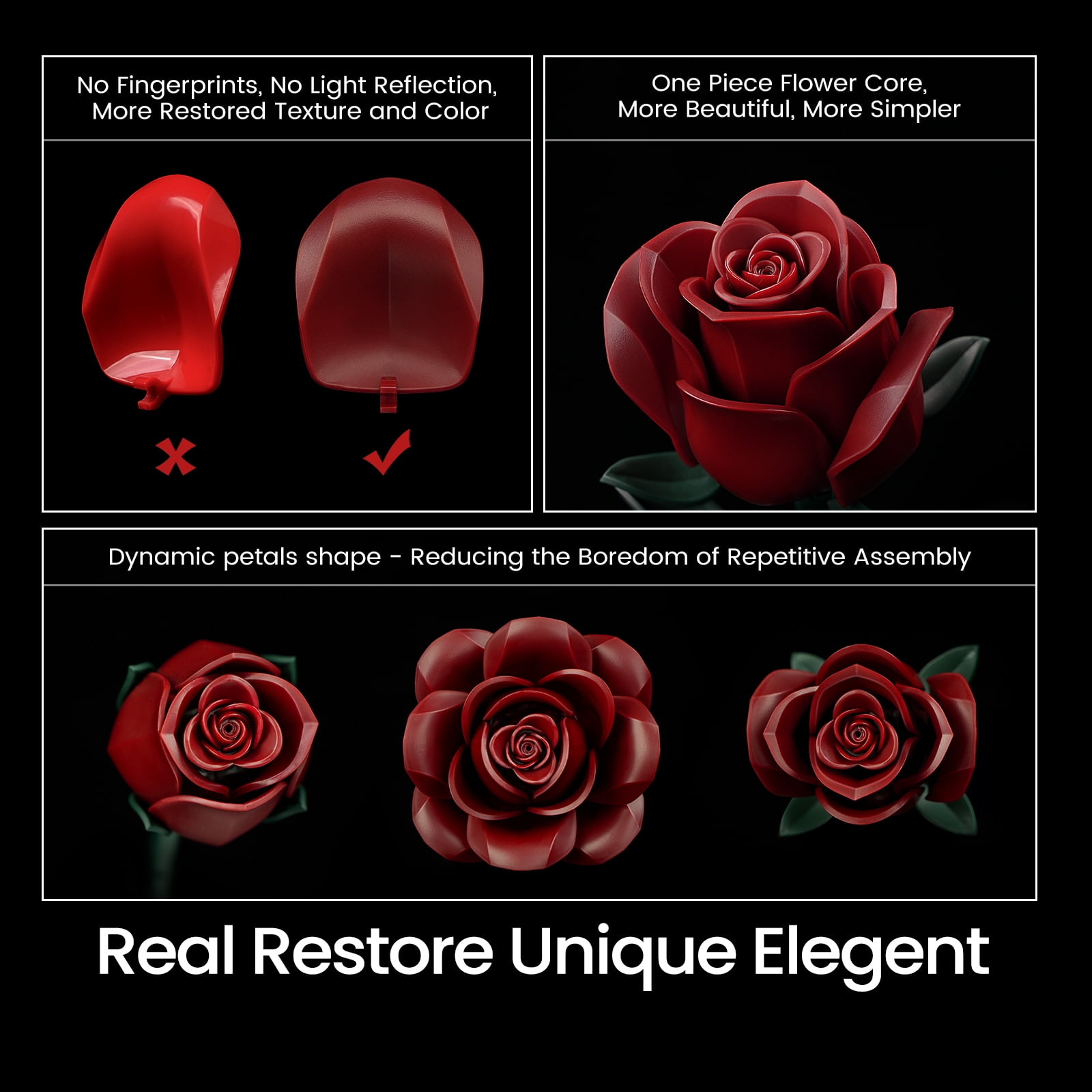 Burgundy Red Rose Bouquet Building Set, While Red Flowers for Adults Women, Botanical Collection Gift for Halloween & Valentines - Artificial Plant Gothic Home Decor