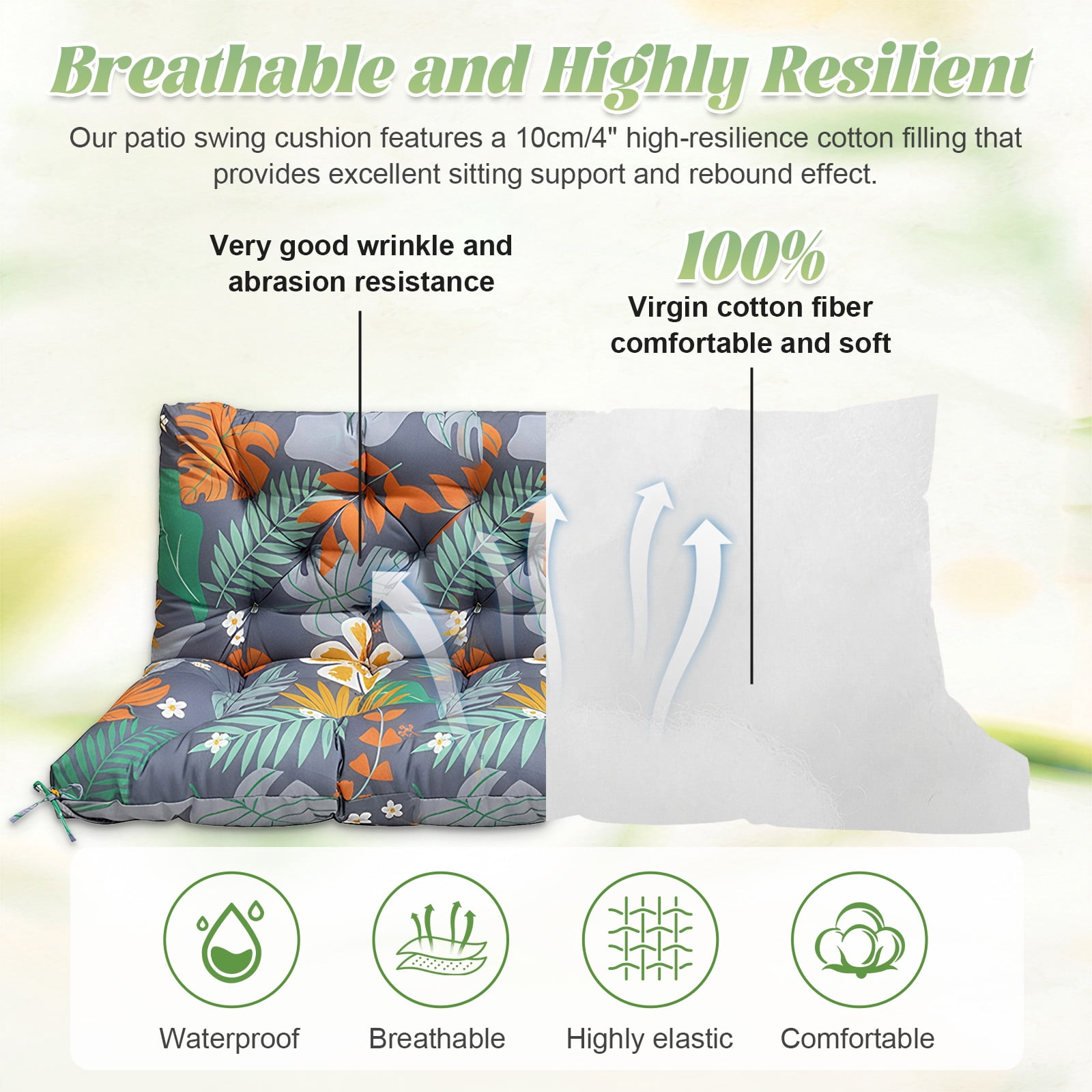 Eurhowing Outdoor Bench Cushion Waterproof, 40"x40"x4" Thick Patio Swing Chair Cushions with Ties, All-Weather High Density Foam Seat Pad for Porch Garden Furniture, Floral
