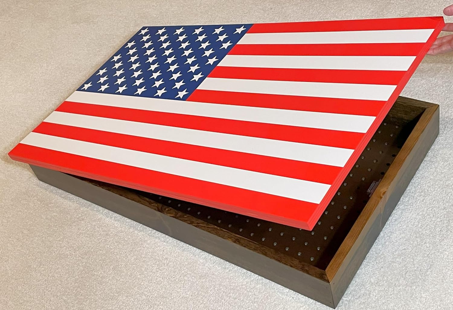 American Flag Concealed/Hidden Cabinet/Box for Guns, Knives, Anything. Configurable Pegboard Back, Removable Shelves. 31x19x4
