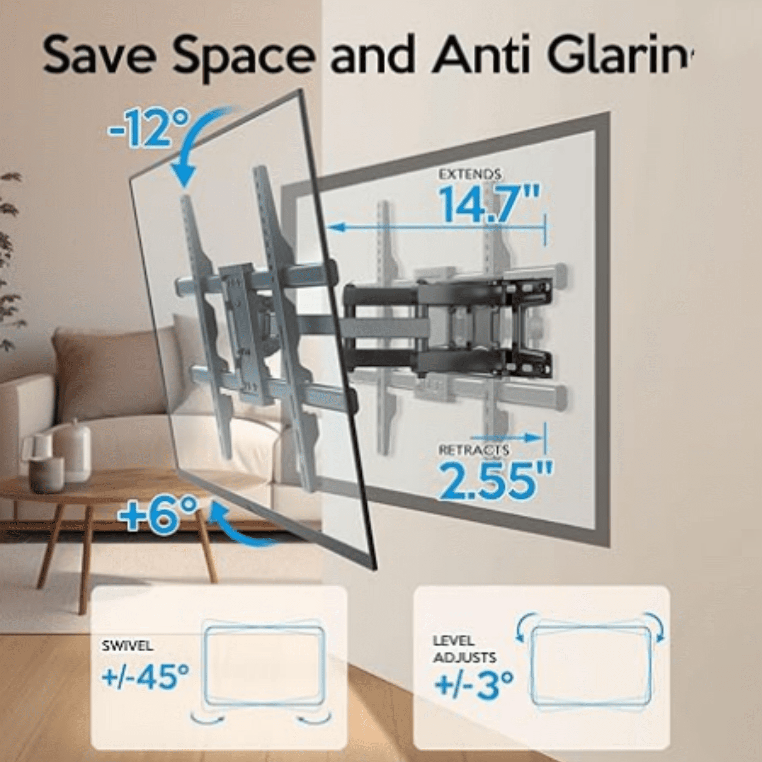 Full Motion TV Wall Mount Bracket Dual Articulating Arms Swivels Tilts Rotation for Most 37-75 Inch Flat Curved TVs,Holds up to 110lbs, Max VESA 600x400mm,Fits up to 16" Studs