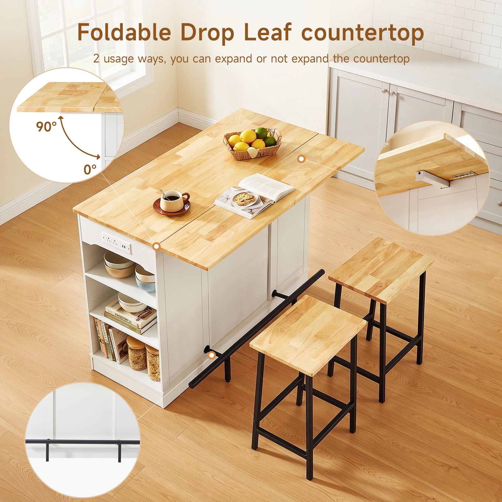 ROGALIS 47"Kitchen Island with 2 Chair, White – picture 7