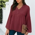 thumbnail image 4 of Lantern Long Sleeve Button up V Neck Shirts for Women Henley Dressy Casual Pleated Tunic Tops Blouse for Leggings, 4 of 7