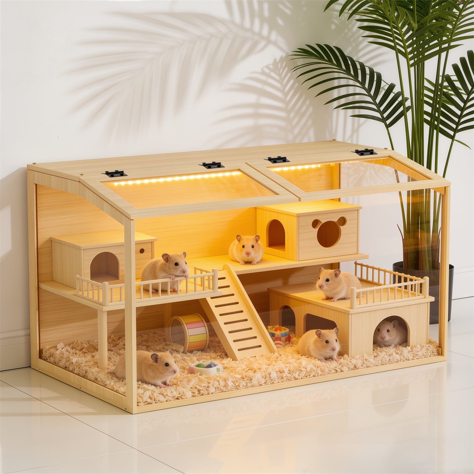 Natural Wooden Hamster Cage Habitat Huge with Tempered Glass Panels, Ventilation Holes, Built-in LED Light, Chew-proof