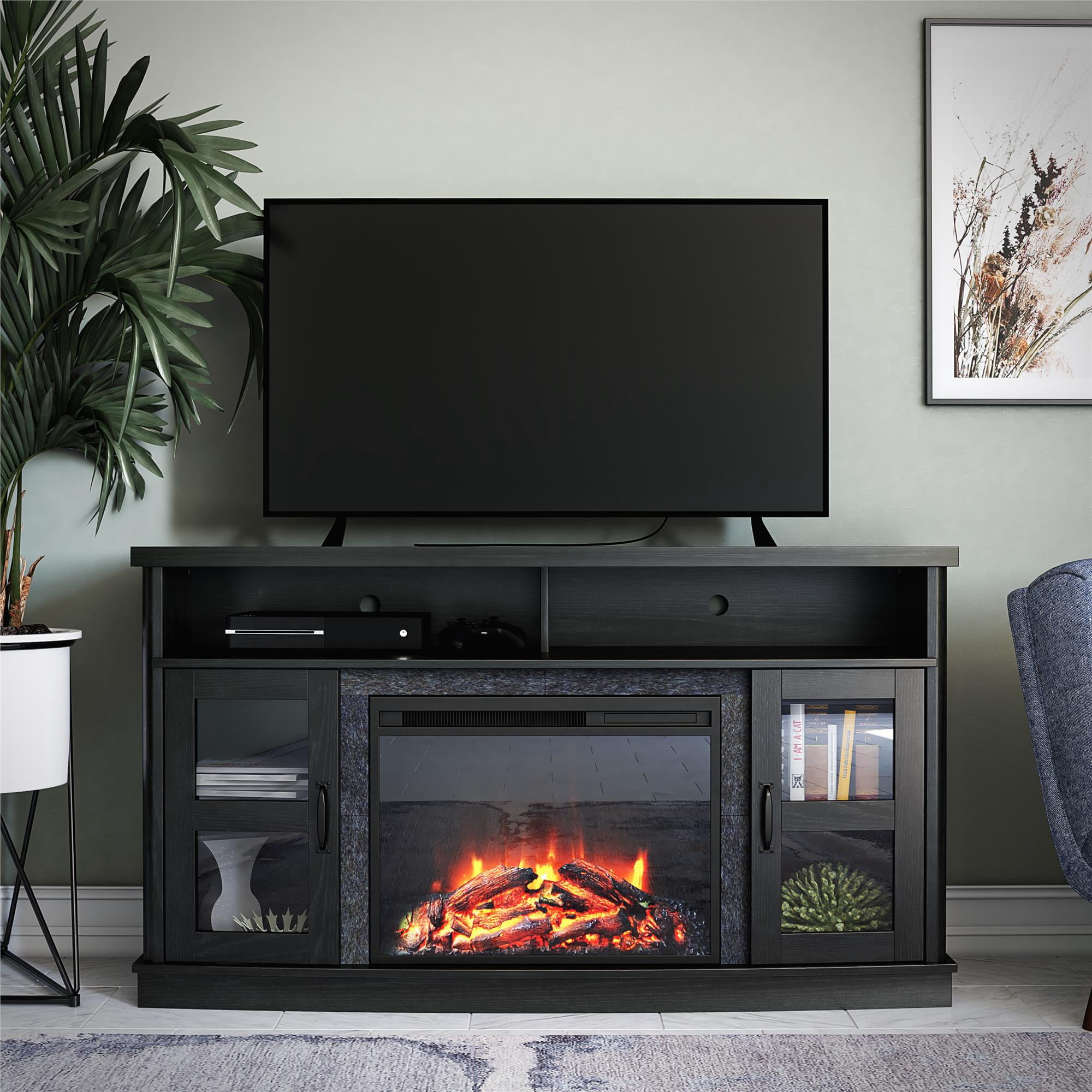 Ameriwood Home Brunswick Bay Fireplace Console with Glass Doors for TVs up to 60", Black Oak