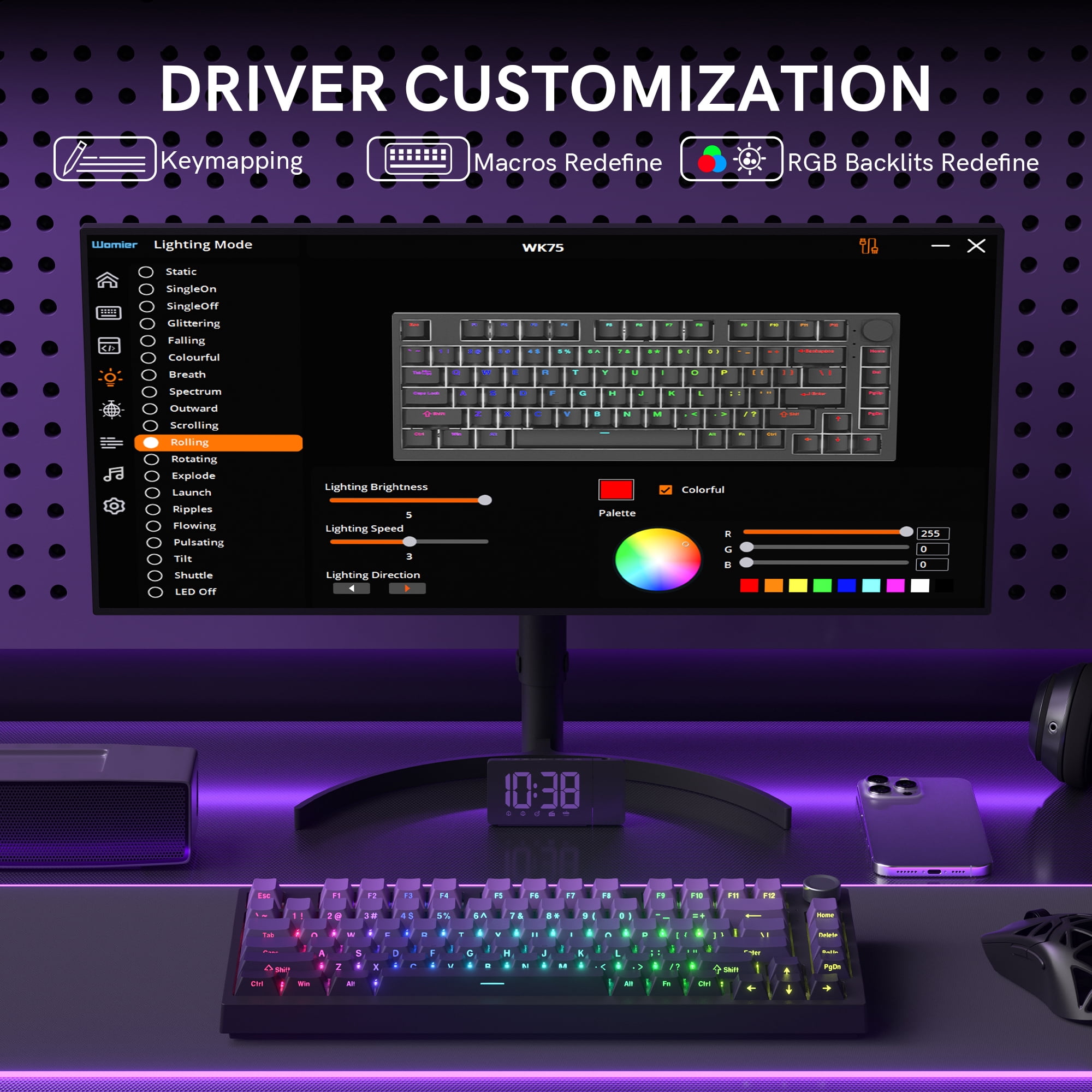 COSTOM WK75 75% Wireless Mechanical Keyboard, 75% Hot Swappable Custom Keyboard with Knob, RGB Backlit, Pre-lubed Switches, 2.4GHz/USB-C/BT5.0 Gaming Keyboards (Purple)