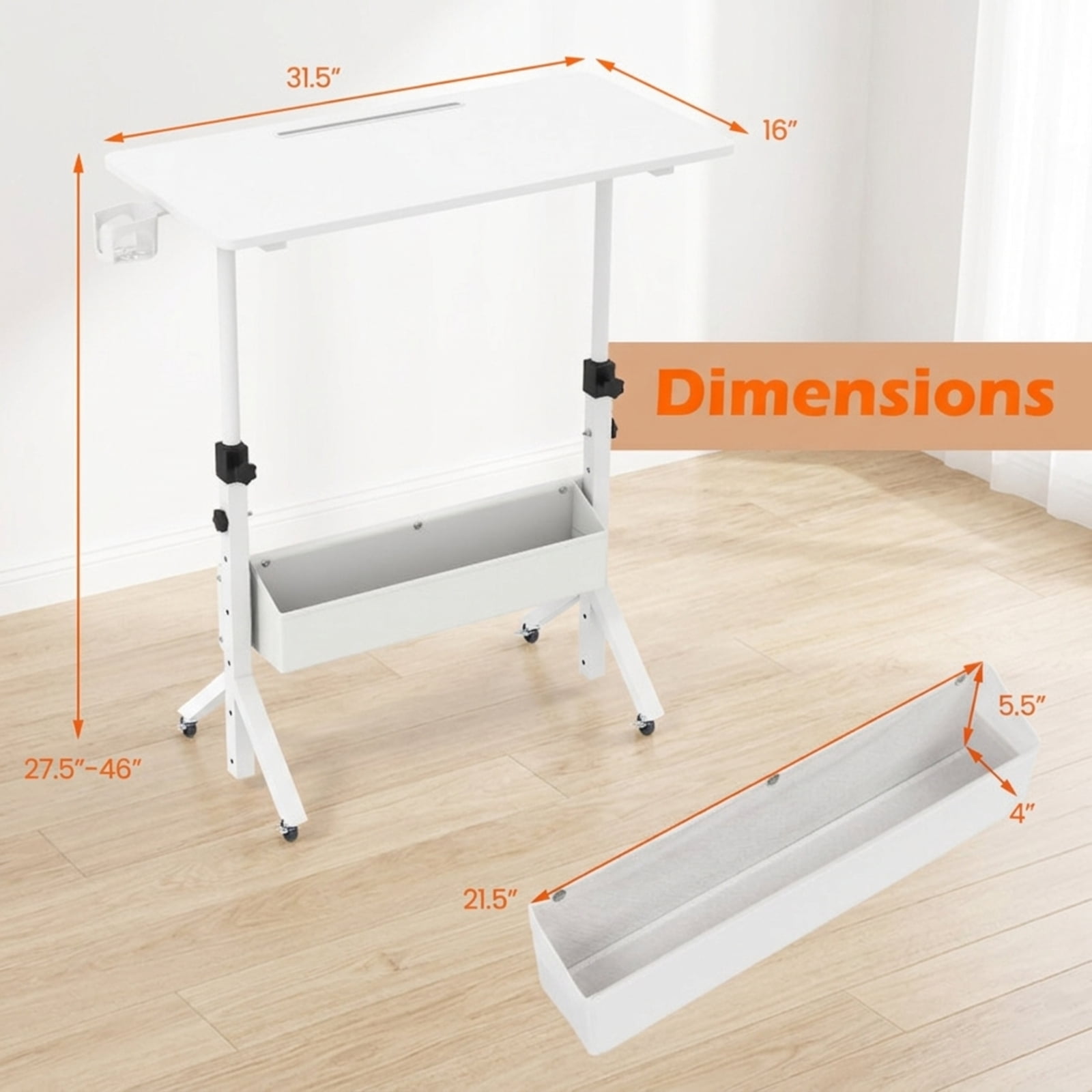 Furnibear Mobile Standing Desk and Height Adjustable Rolling Laptop Desk with Cup Holder Storage Basket and Locking Casters for Small Spaces, White