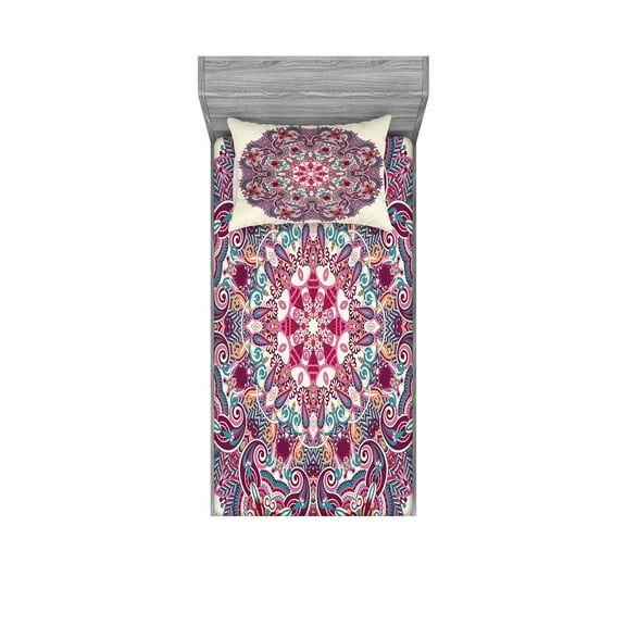 Ambesonne Mandala Fitted Sheet & Pillow Sham Set, Detailed Boho Floral Herb, Twinxl, Multicolor