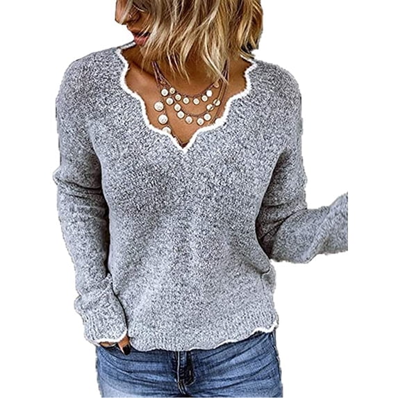 Listenwind Women Lace Flaky Clouds V-Neck Knitted Sweater Casual Long Sleeve Warm Knitwear