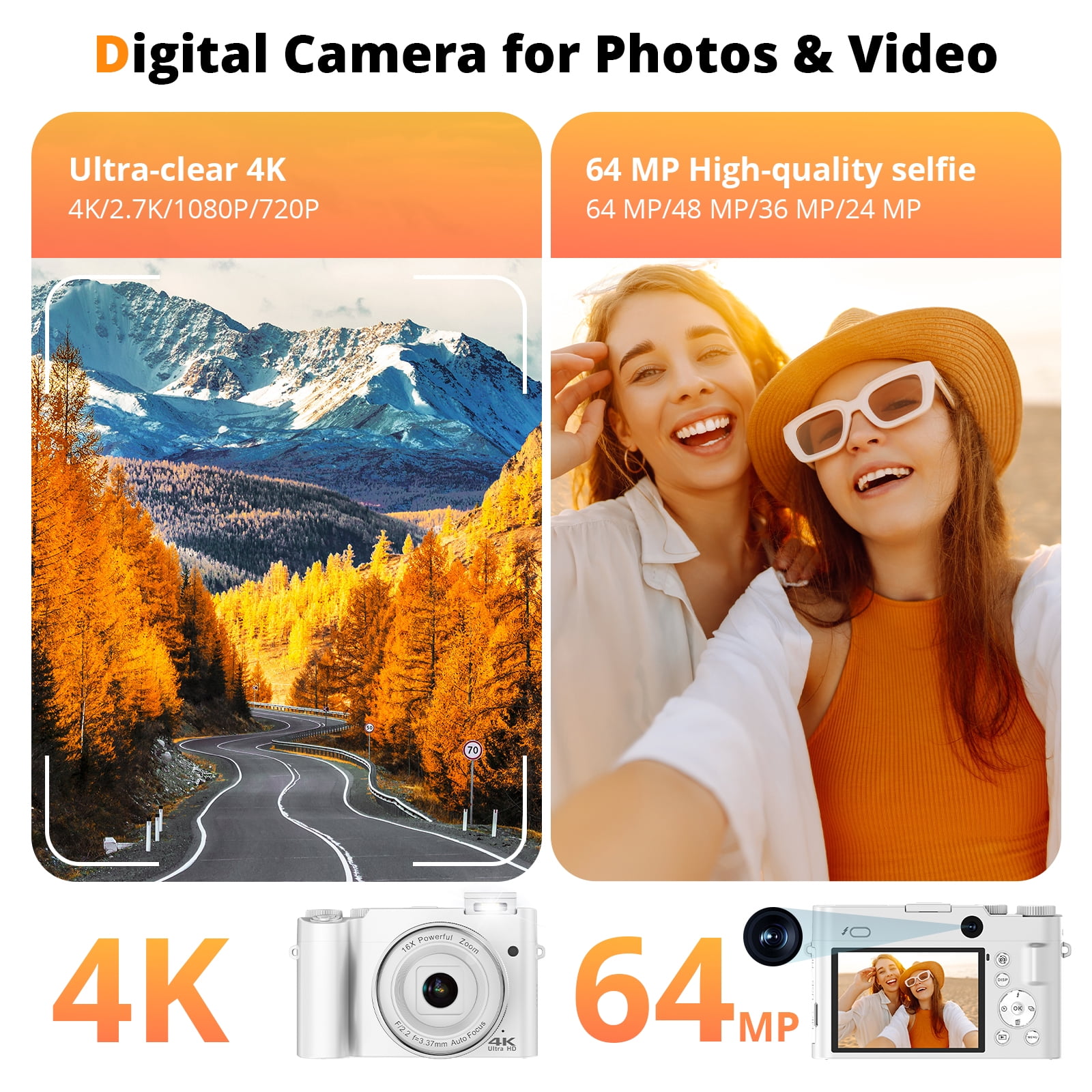 Digital Camera for Photography 4K 64MP Vlogging Camera for YouTube with 32GB SD Card, 2x Battery Charger, 16X Zoom Point and Shoot Video Camaras, Dual Lens Flash Autofocus (White)