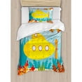 thumbnail image 3 of Yellow Submarine Duvet Cover Set, Sea Life Theme Vehicle Fish and a Crab Illustration Print, Decorative 3 Piece Bedding Set with 2 Pillow Shams, King Size, Yellow Pale Blue, by Ambesonne, 3 of 3