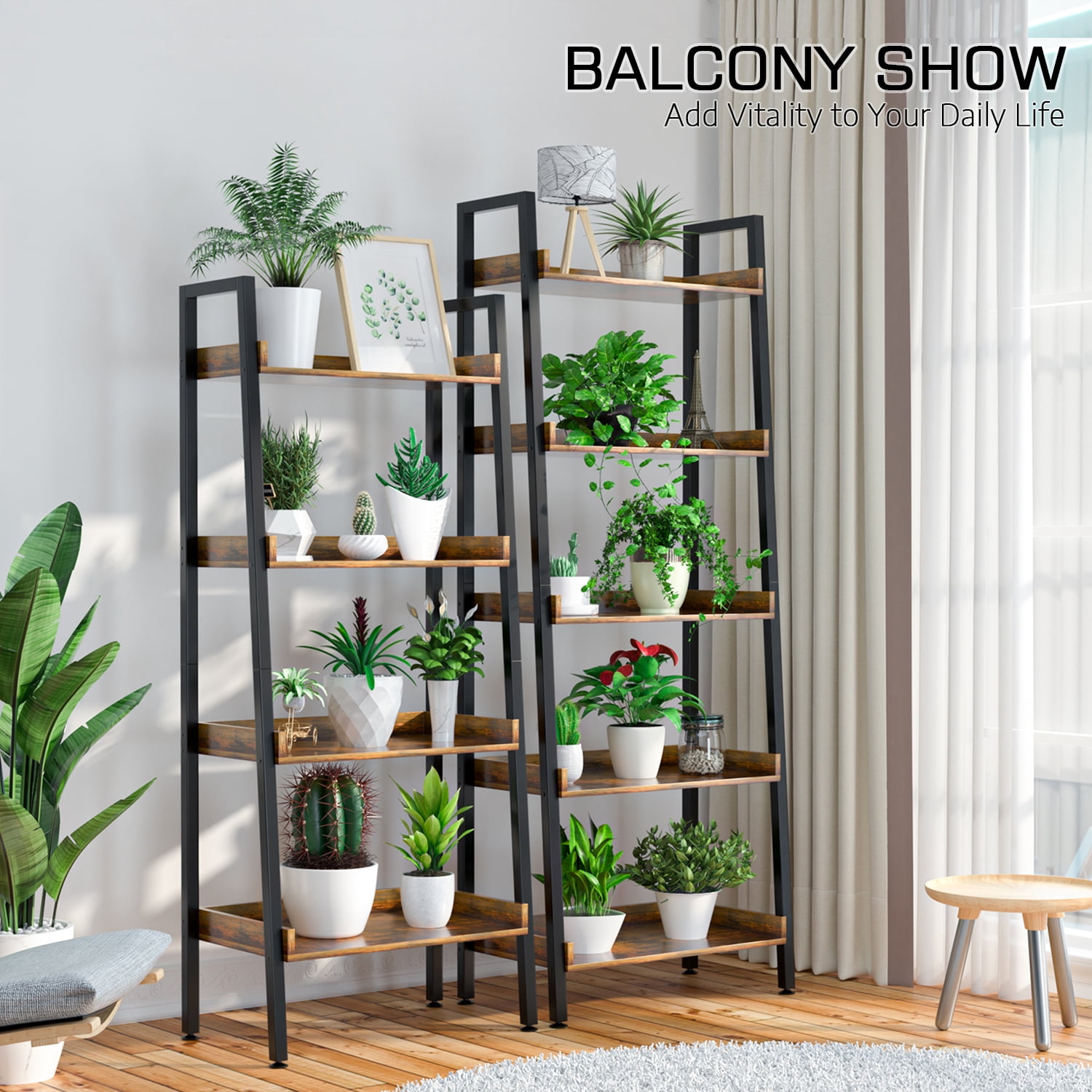 Industrial Bookshelf 5-Tier, Bookcase Ladder Shelf, Storage Shelves Rack Shelf Unit, Accent Furniture Metal Frame, Home Office Furniture for Bathroom, Living Room
