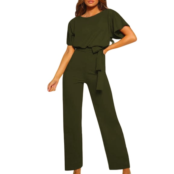 Baqcunre Women's Fashion Solid Color Lace Up Button Short Sleeved Jumpsuit,L,Jumpsuits For Women Casual,Womens Jumpsuit,One Piece Jumpsuit,Pants For Women,Womens Clothes,Army Green