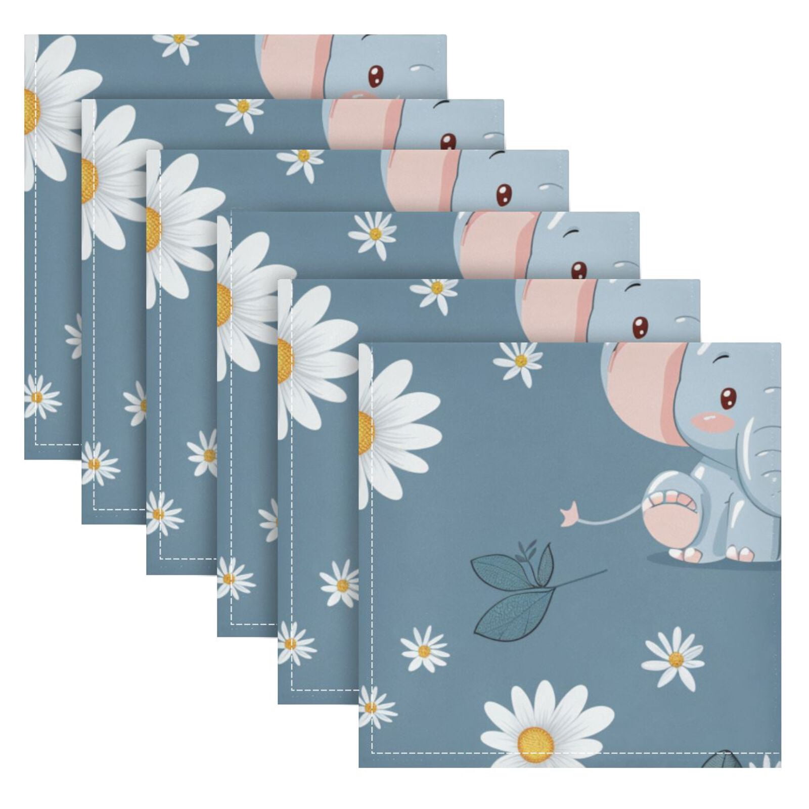 JSTEL Cute Elephant Daisy Flower Cloth Napkins Set of 6, 20x20 Inch Washable and Reusable Napkin for Decoupage Dinner Party Everyday Use
