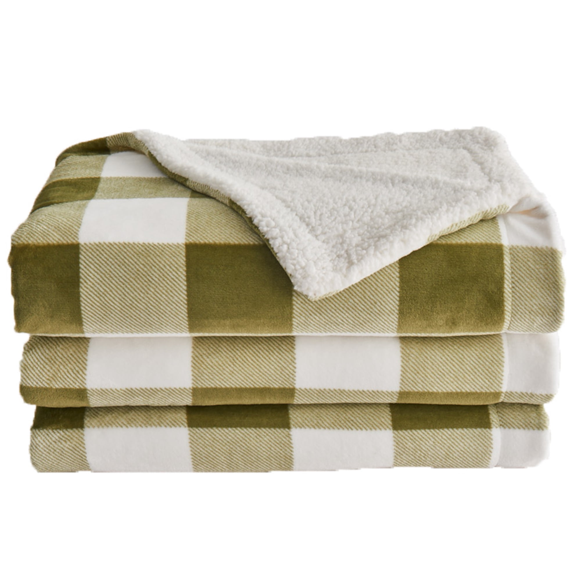 Great Bay Home Cozy Plush / Sherpa Reversible Throw Blanket, King, Olive Green Buffalo Check