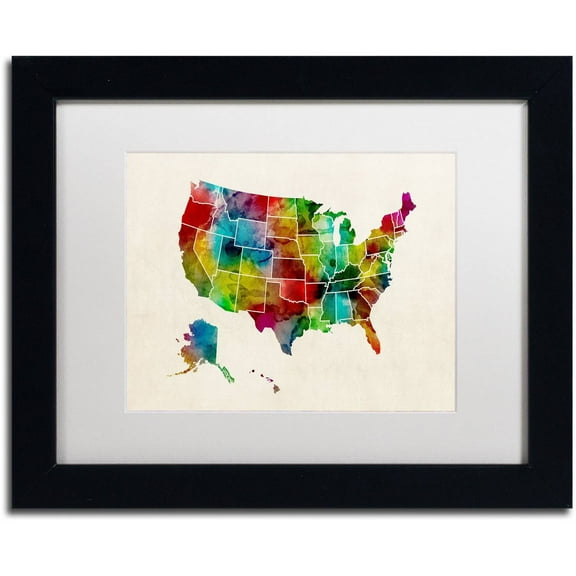 Trademark Fine Art 'United States Watercolor Map 2' Canvas Art by Michael Tompsett, White Matte, Black Frame