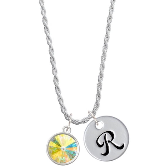 Delight Jewelry 12mm Crystal Rivoli - Clear AB Silvertone Script Initial Disc - R - Charm Necklace, 20"+3"