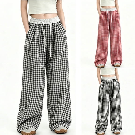 Yeaiivve Girls Gingham Pants Adjustable Elastic Waist Straight Wide Leg Trousers Kids Casual Plaid Pants Fall Lightweight Lounge Slacks with Pockets 5-6 Years Black