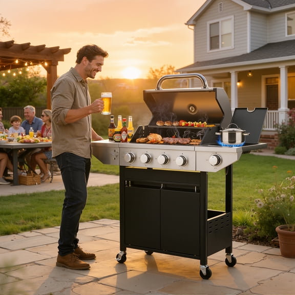 SEGMART 4 Burner Propane Gas Grill with Side Burner, 46,500 BTU Outdoor Cooking BBQ Grill with Porcelain-Enameled Cast Iron Grates, Equipped with Temperature, Tool Hooks, and Bottle Opener