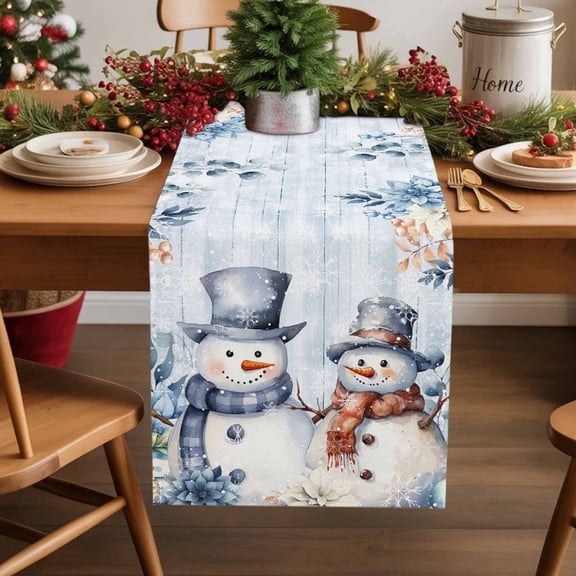 Christmas Snowman Cotton Linen Table Runner Blue Floral Eucalyptus Leaves Wood Grain Dining Table Runners for Home Decor Party Dining Room Restaurant Kitchen Party 13" x 36"