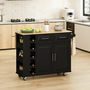 Historyli Go5H Multi-Functional Kitchen Island Cart With 2 Door Cabinet And 2 Drawers, Spice Rack, Towel Holder, Wine Rack, Foldable Table Top