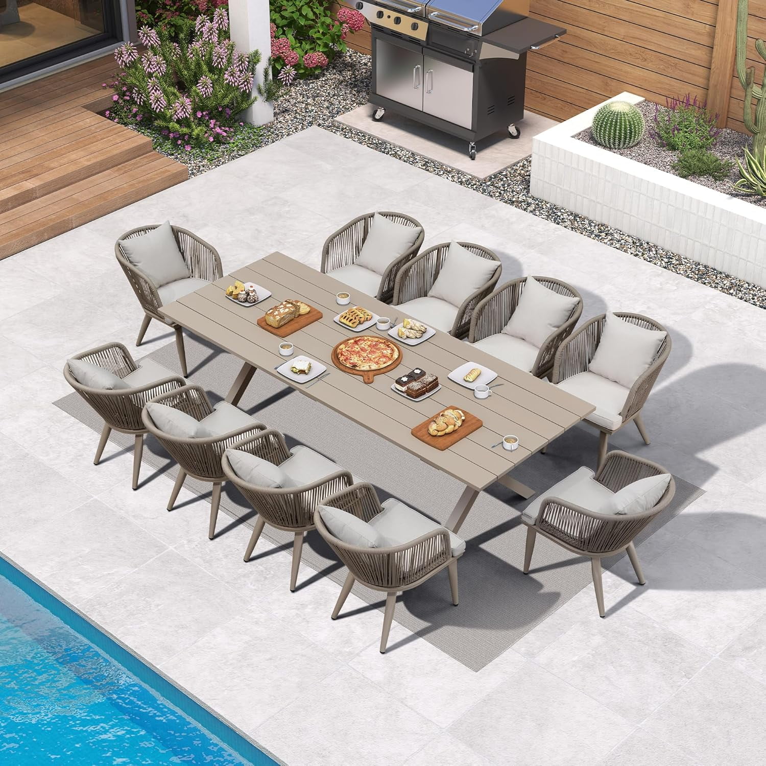 PURPLE LEAF 11 Pieces Patio Dining Set, Rectangular Aluminum Outdoor Table and 10 Wicker Chairs with Cushions for Garden Kitchen and Porch, Champagne