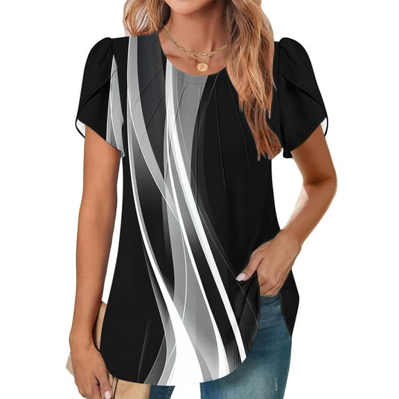 Fengqque 2025 Women's New Round Neck Pleated Tunic Top Curved Hem Printed Blouse