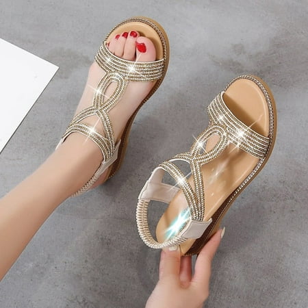 

MIASHUI shoes for women Ladies Shoes Summer Roman Sandals Rhinestone Wedge Elastic Strap Breathable Sandals