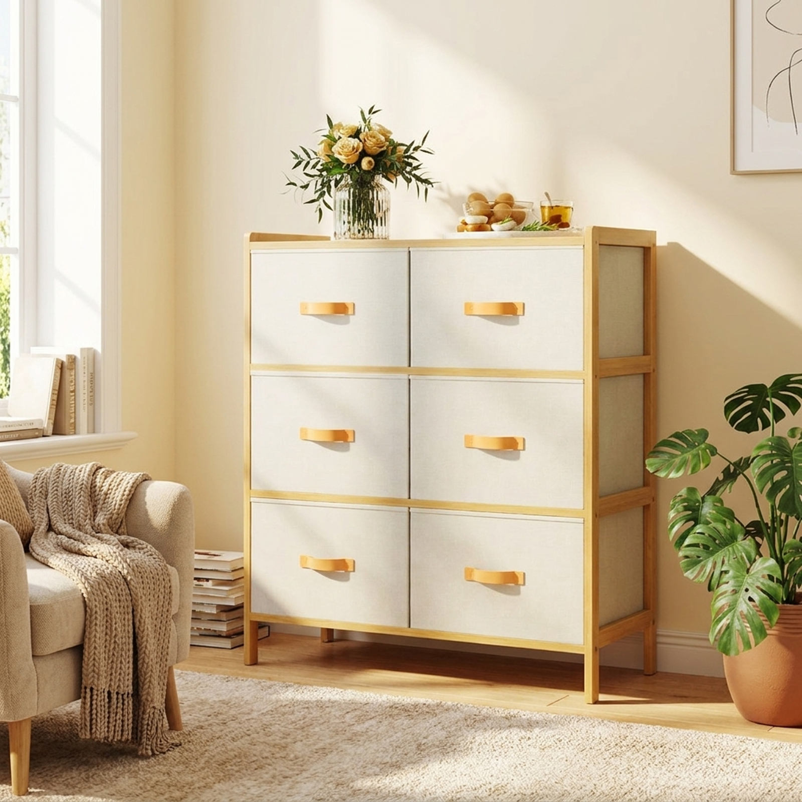 Furnibear Fabric Dresser with 6 Drawers with 6 Folding Fabric Bins for Bedroom Living Room for Bedroom Closet Living Room Nursery Clothes, Natural