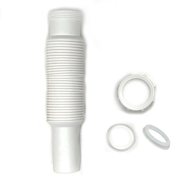 Flexible Sink Pipe, 1-1/2 inch x 15 inch White Plastic Polypropylene Tube with Slip-Joint Nut and Washer, for Tubular Drain Applications