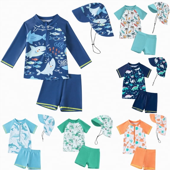 YDFCWXW Baby Boy 3 Pieces Swimsuit Quick Dry Swim Trunks Set Toddler Rash Guard Sets Beach Hawaii Bathing Suits Swimwear with Sun Hat (Navy, 2-3 Years)